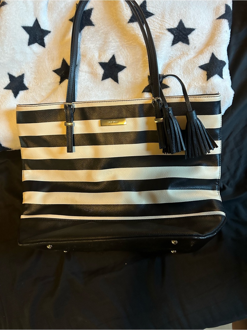 Nine West Black and White Striped Tote with Tassels